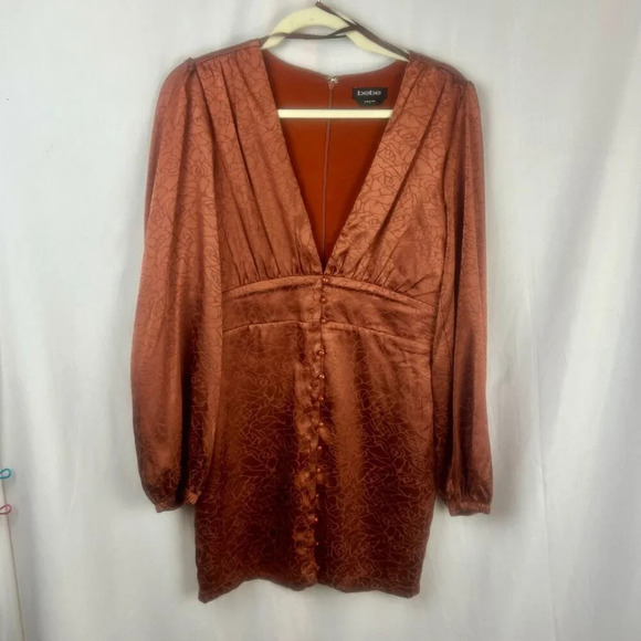NEW Bebe Satin Button Up Jacquard Mini Dress Women Medium Copper Rust‎ Orange - Picture 5 of 10